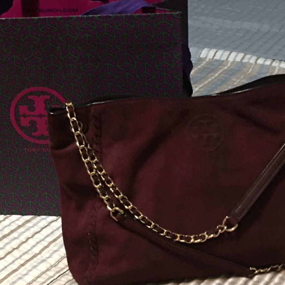 Tory Burch Wine Suede " Marion" Tote Bag AUTHENTIC